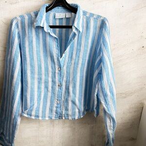 Cynthia Rowley Linen Cropped Beachy Blue and White Striped Button-Up Shirt sz L